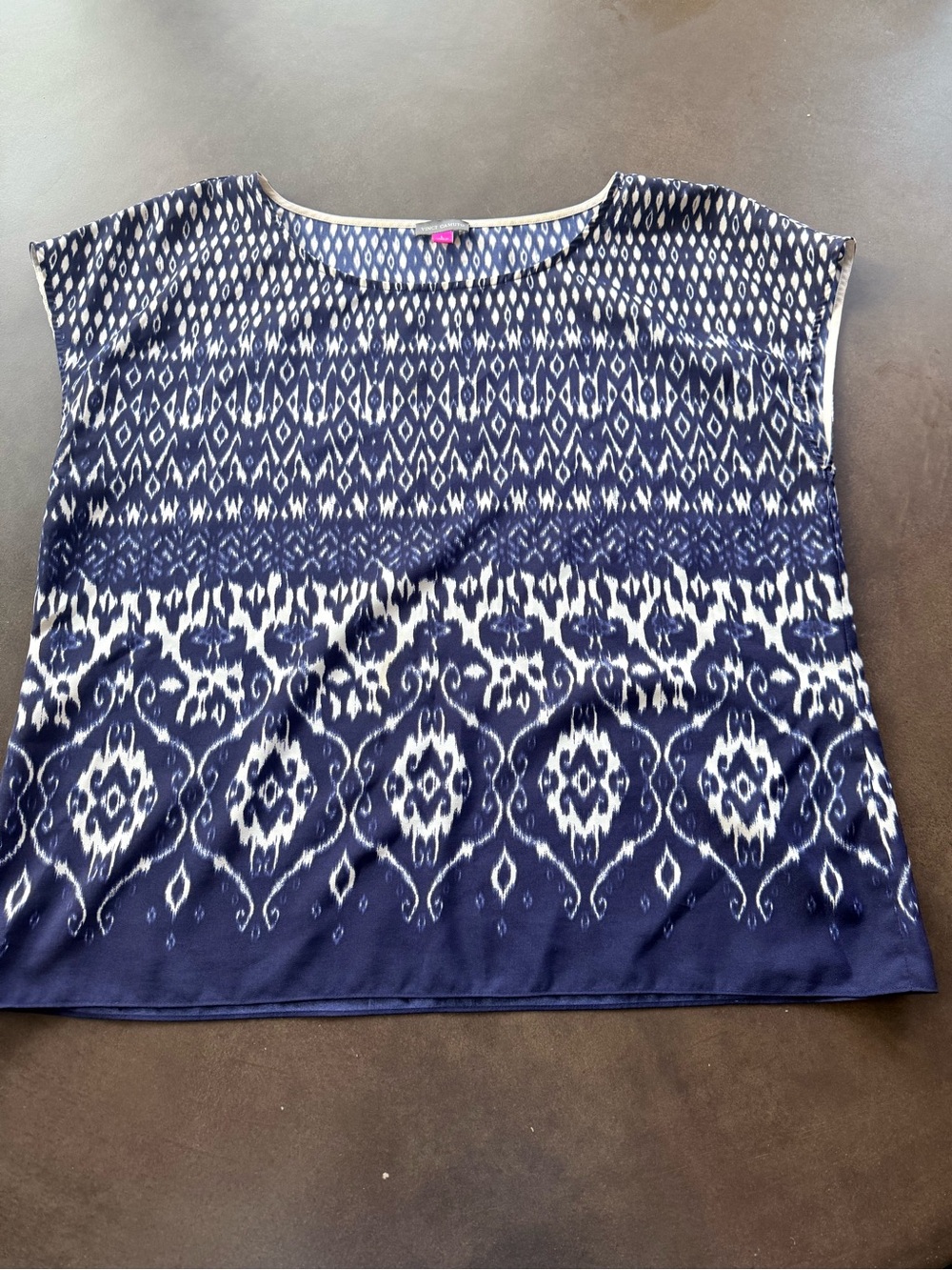 Vince Camuto Navy and White Ikat Print Short Sleeve Top